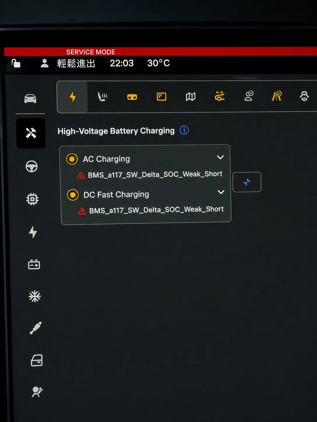 Tesla 原廠診斷系統畫面顯示 AC 與 DC 快充皆出現 BMS_a117_SW_Delta_SOC_Weak_Short 警示