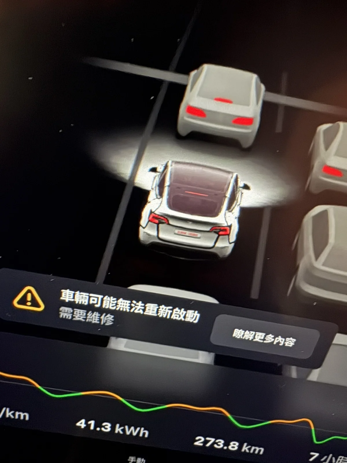 Tesla 儀表畫面顯示車輛環景視角，下方彈出警示「車輛可能無法重新啟動，需要維修」