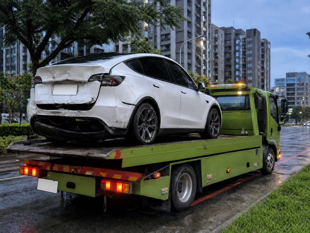 2023 Tesla Model Y 台中車尾嚴重追撞尾門凹陷事故車收購，平板拖吊，電車玩家